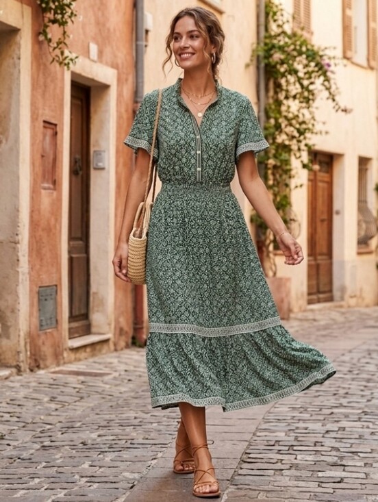 Max Studio Dresses & Skirts - Max Studio Green Printed Maxi Dress with Short Sleeves